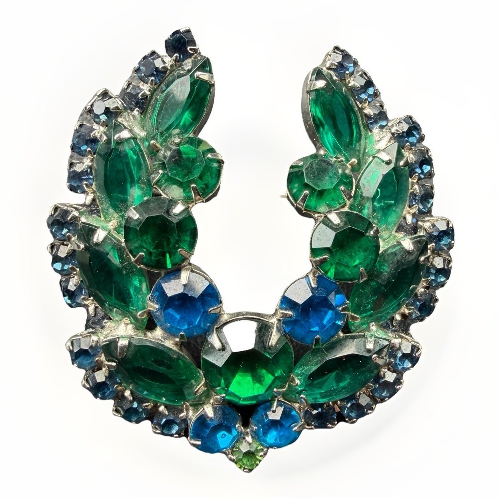 Vintage Rhinestone Horseshoe Brooch Green Blue Unsigned Juliana Style